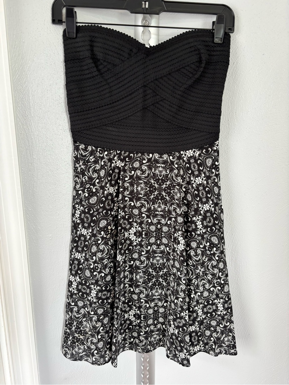 Express Strapless Black Bodice with Black-and-White Patterned Skirt Dress